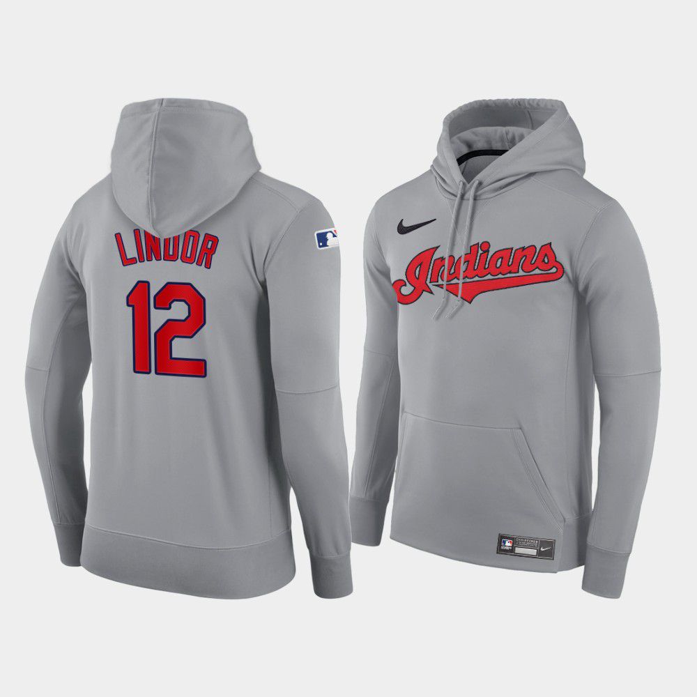 Cheap Men Cleveland Indians 12 Lindor gray road hoodie 2021 MLB Nike Jerseys